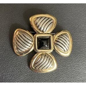 Vintage Maltese Cross Brooch Gold and Silver tone Black Resin Costume Jewelry